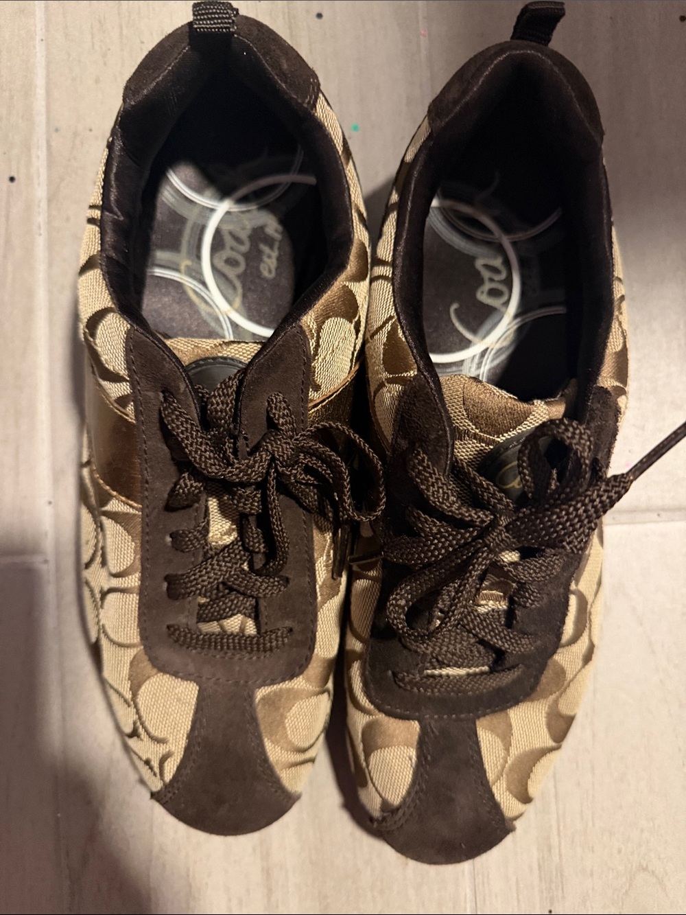 Coach Kids Beige and Brown Signature Logo Sneakers
